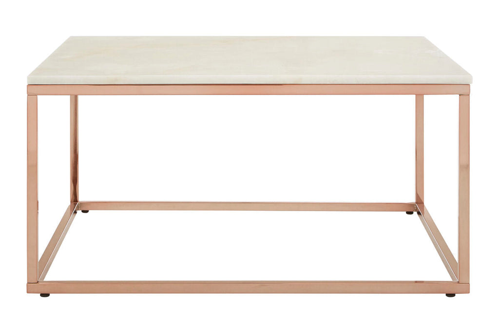 White Marble Square Coffee Table with Rose Gold Finish Base