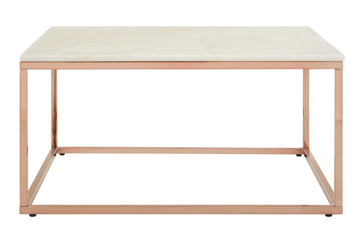 White Marble Square Coffee Table with Rose Gold Finish Base