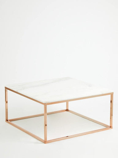 White Marble Square Coffee Table with Rose Gold Finish Base