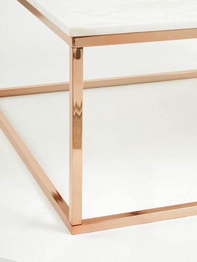 White Marble Square Coffee Table with Rose Gold Finish Base