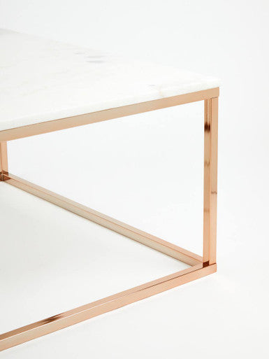 White Marble Square Coffee Table with Rose Gold Finish Base