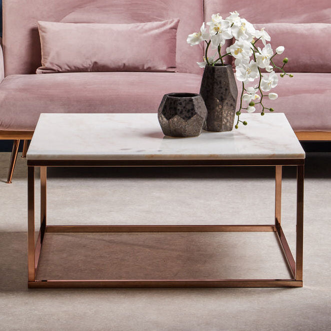 White Marble Square Coffee Table with Rose Gold Finish Base