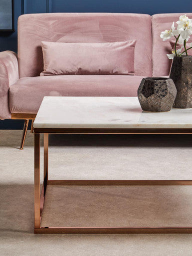 White Marble Square Coffee Table with Rose Gold Finish Base