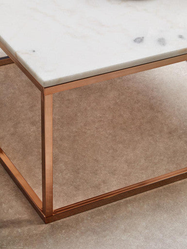 White Marble Square Coffee Table with Rose Gold Finish Base