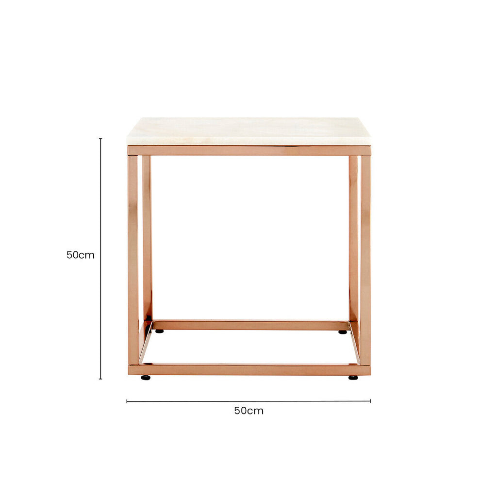 White Marble Square Side Table with Rose Gold Finish Base