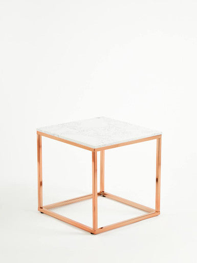 White Marble Square Side Table with Rose Gold Finish Base