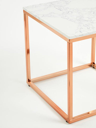 White Marble Square Side Table with Rose Gold Finish Base