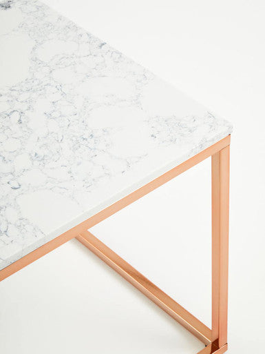 White Marble Square Side Table with Rose Gold Finish Base