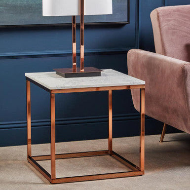 White Marble Square Side Table with Rose Gold Finish Base