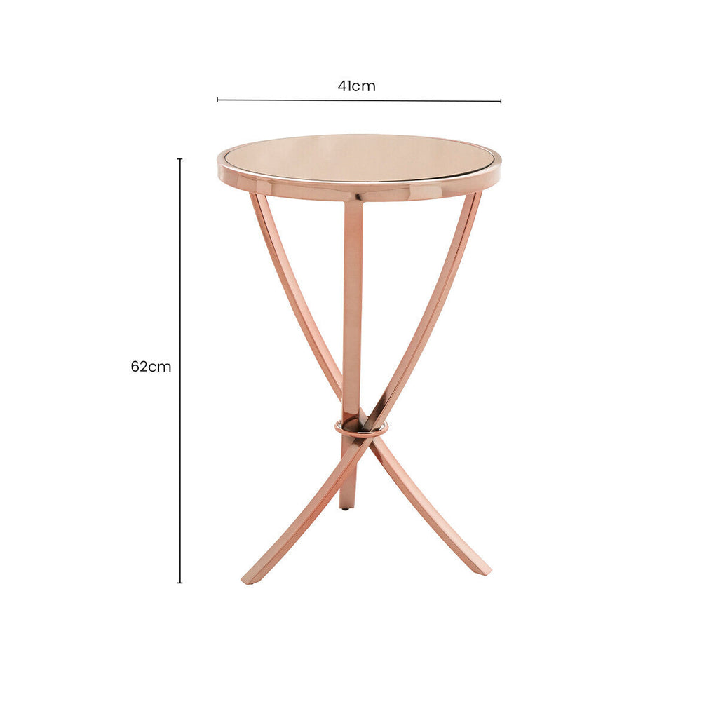 Pink Mirrored Glass Round Side Table with Rose Gold Finish Base