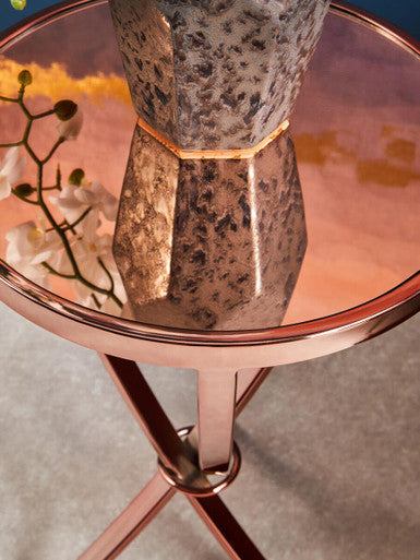 Pink Mirrored Glass Round Side Table with Rose Gold Finish Base