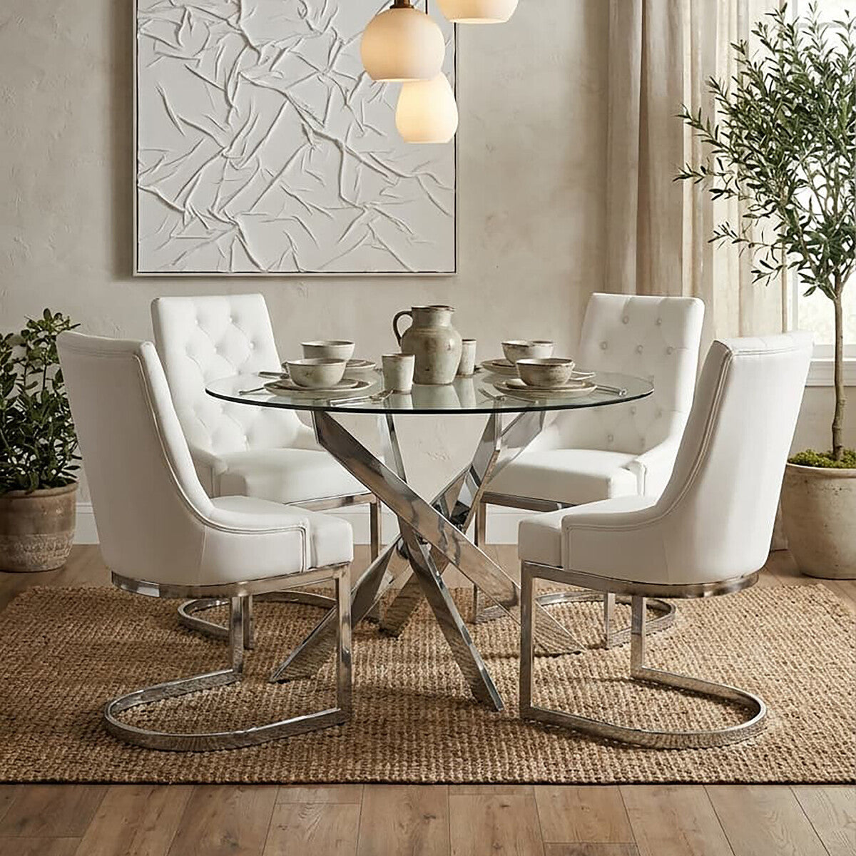 Chrome Finish Round Dining Table with Clear Glass Top