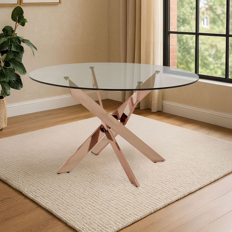 Clear Glass Round Dining Table with Rose Gold Finish Base