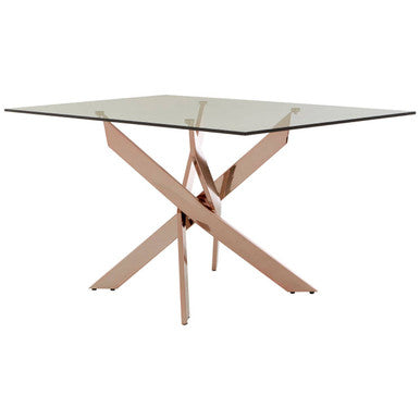 Rose Gold Finish Rectangular Dining Table with Clear Glass Top