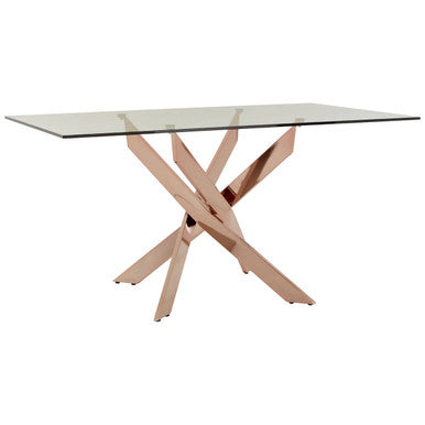 Rose Gold Finish Rectangular Dining Table with Clear Glass Top