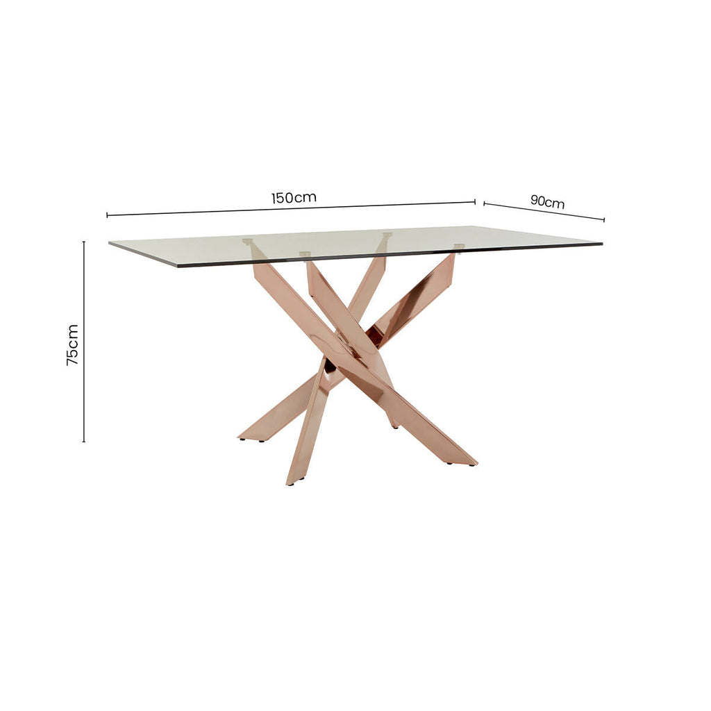 Rose Gold Finish Rectangular Dining Table with Clear Glass Top