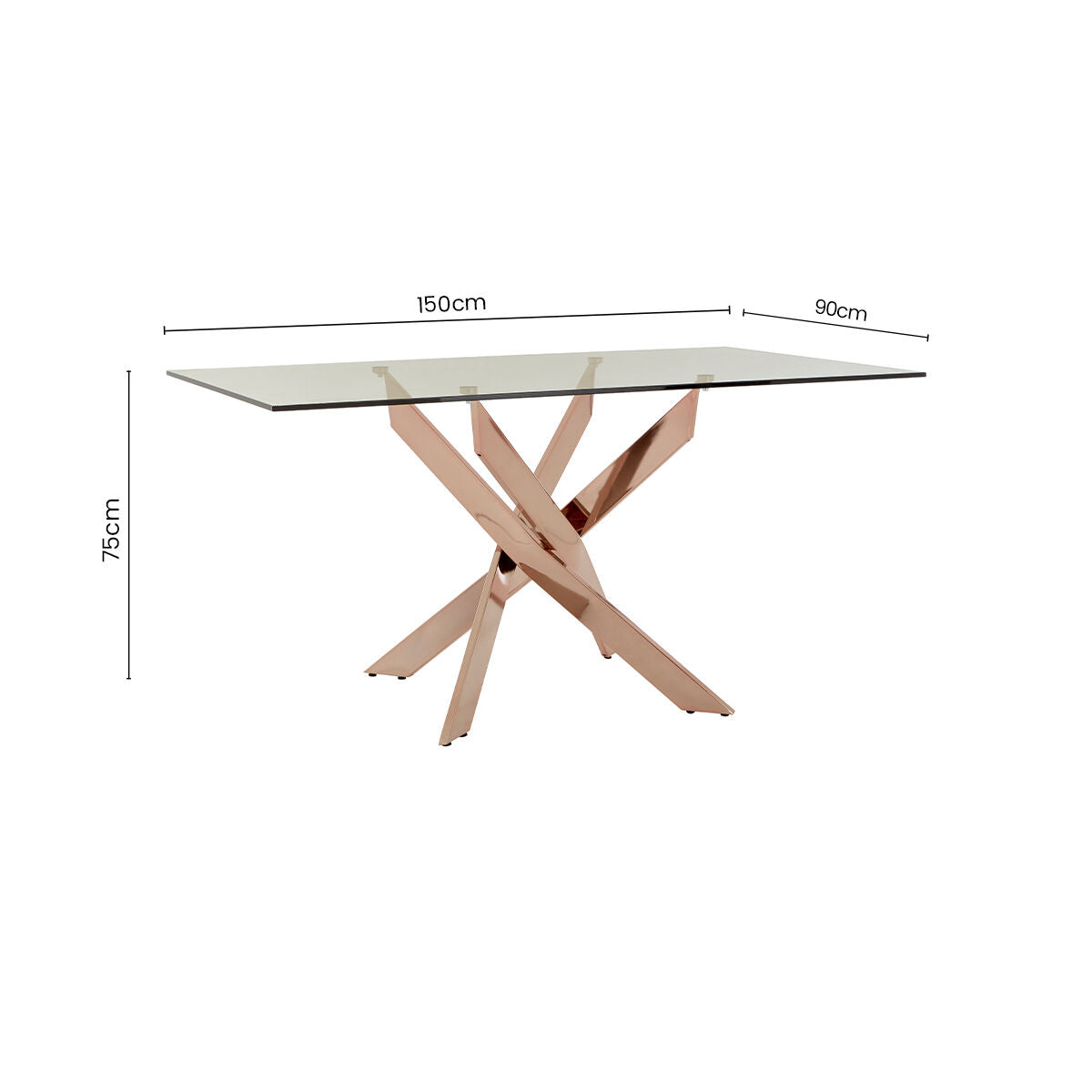 Rose Gold Finish Rectangular Dining Table with Clear Glass Top