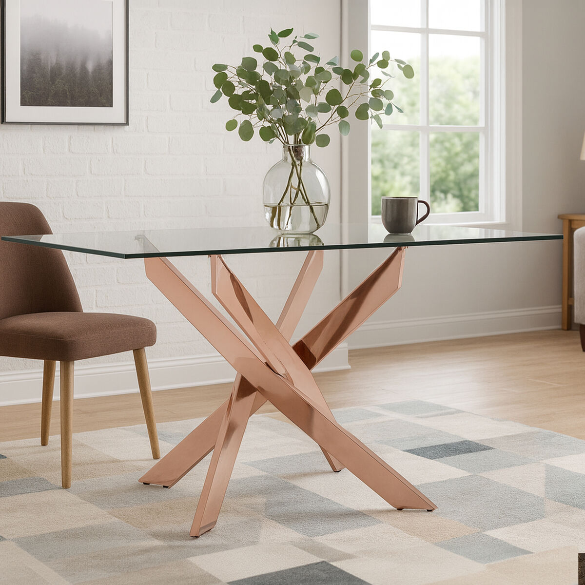 Rose Gold Finish Rectangular Dining Table with Clear Glass Top