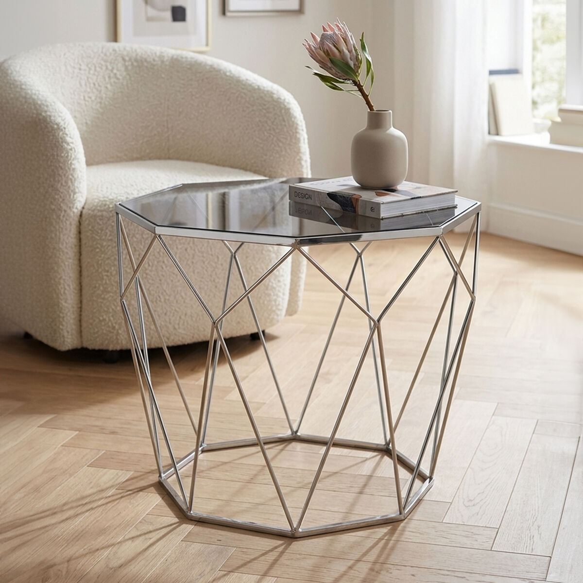 Black Glass and Silver Finish Octagonal Side Table
