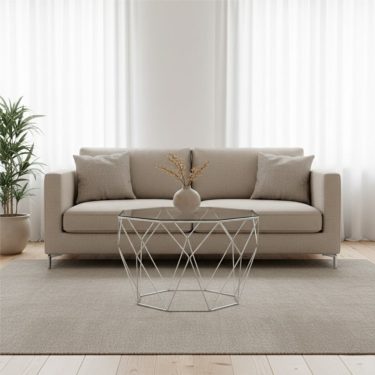 Clear Glass and Silver Finish Octagonal Coffee Table