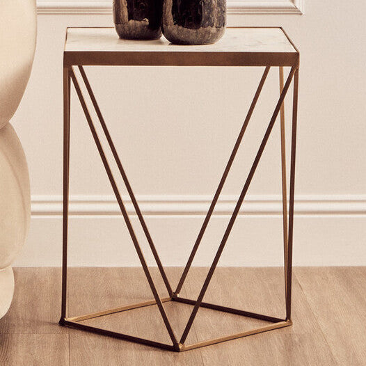 White Marble and Gold Finish Square Side Table