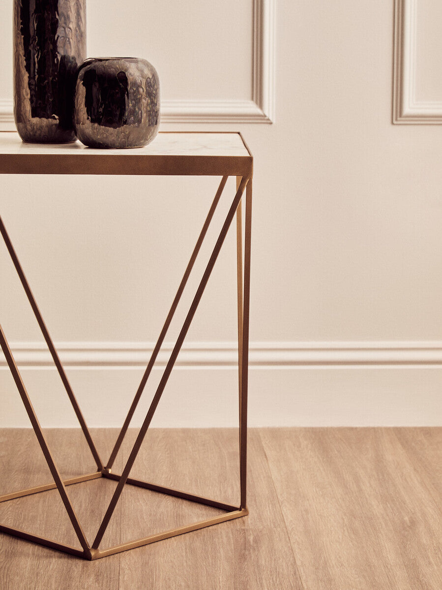 White Marble and Gold Finish Square Side Table