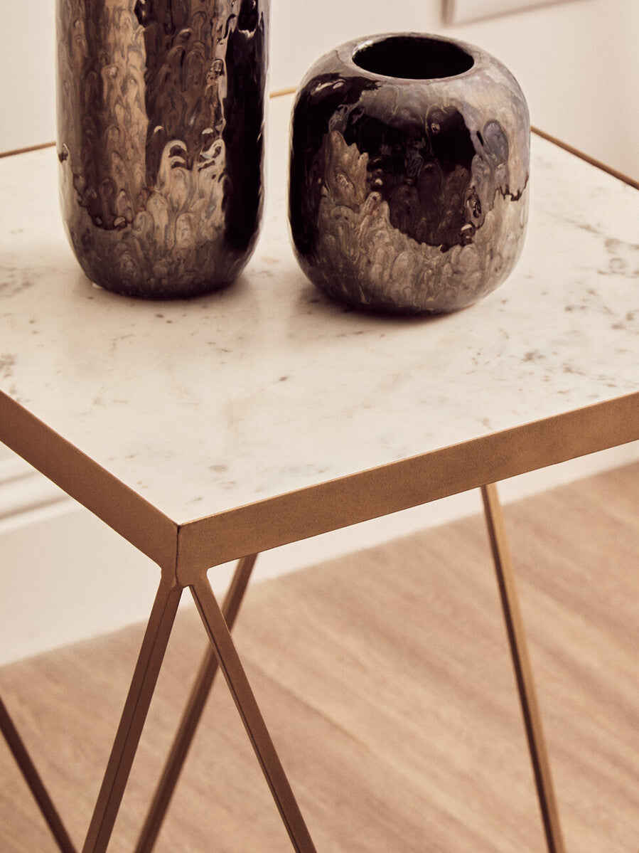 White Marble and Gold Finish Square Side Table