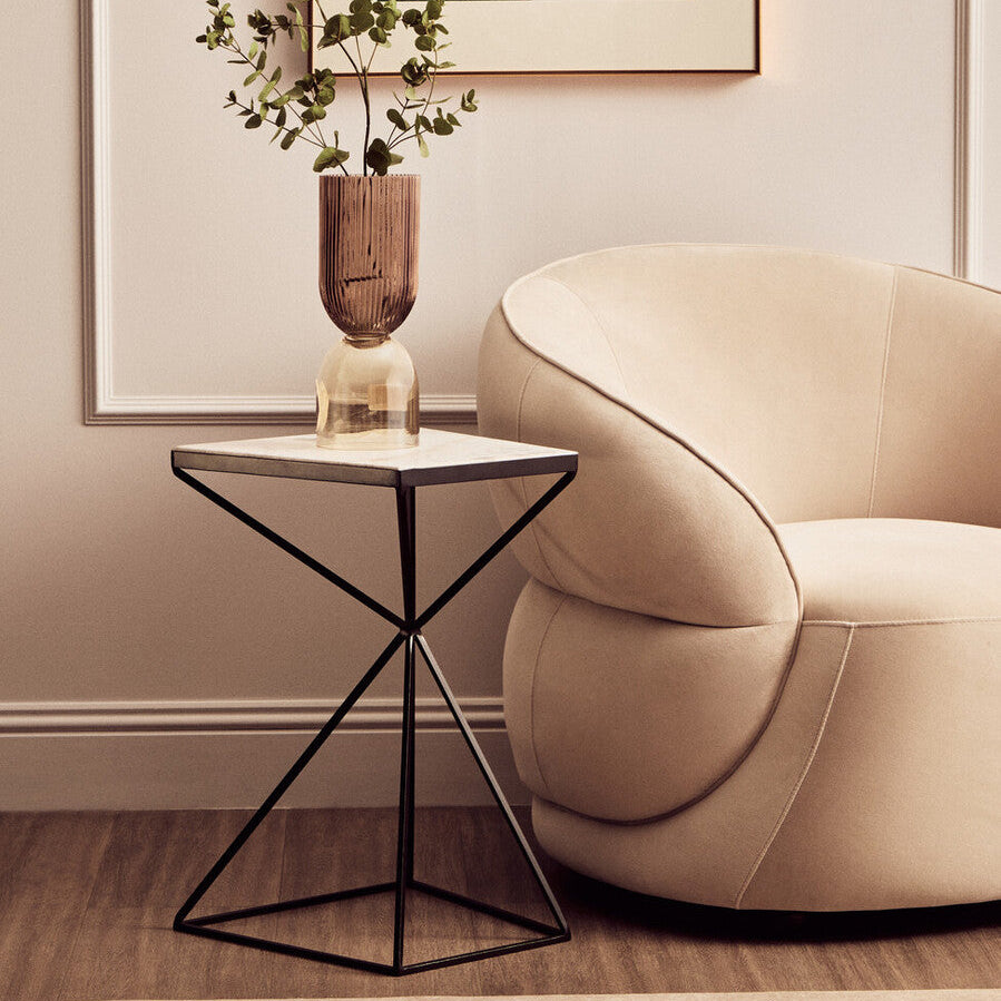 White Marble Side Table with Black Finish Pyramid Base