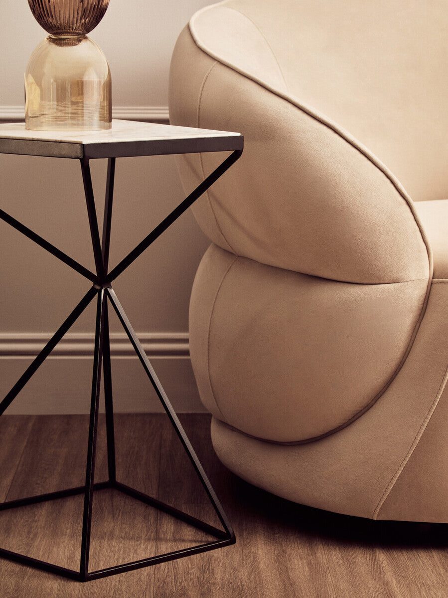 White Marble Side Table with Black Finish Pyramid Base