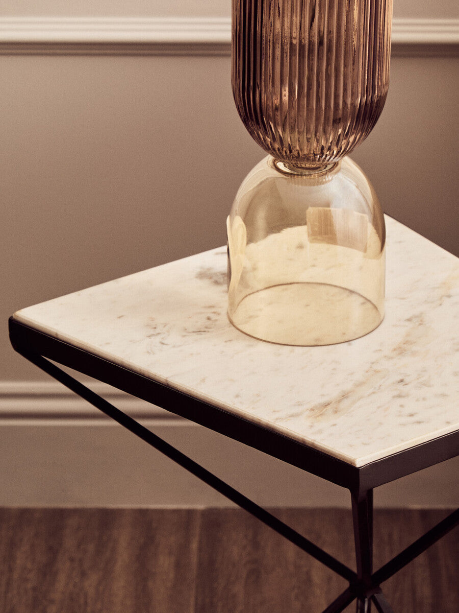 White Marble Side Table with Black Finish Pyramid Base