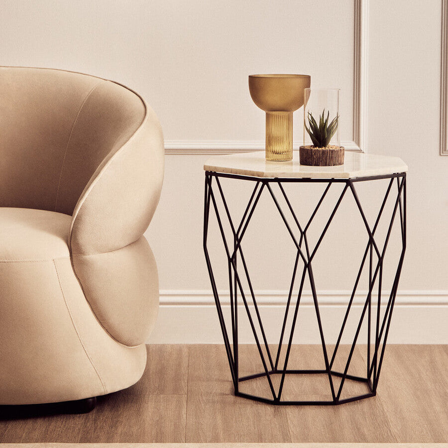 White Marble Octagonal Side Table with Black Finish Base