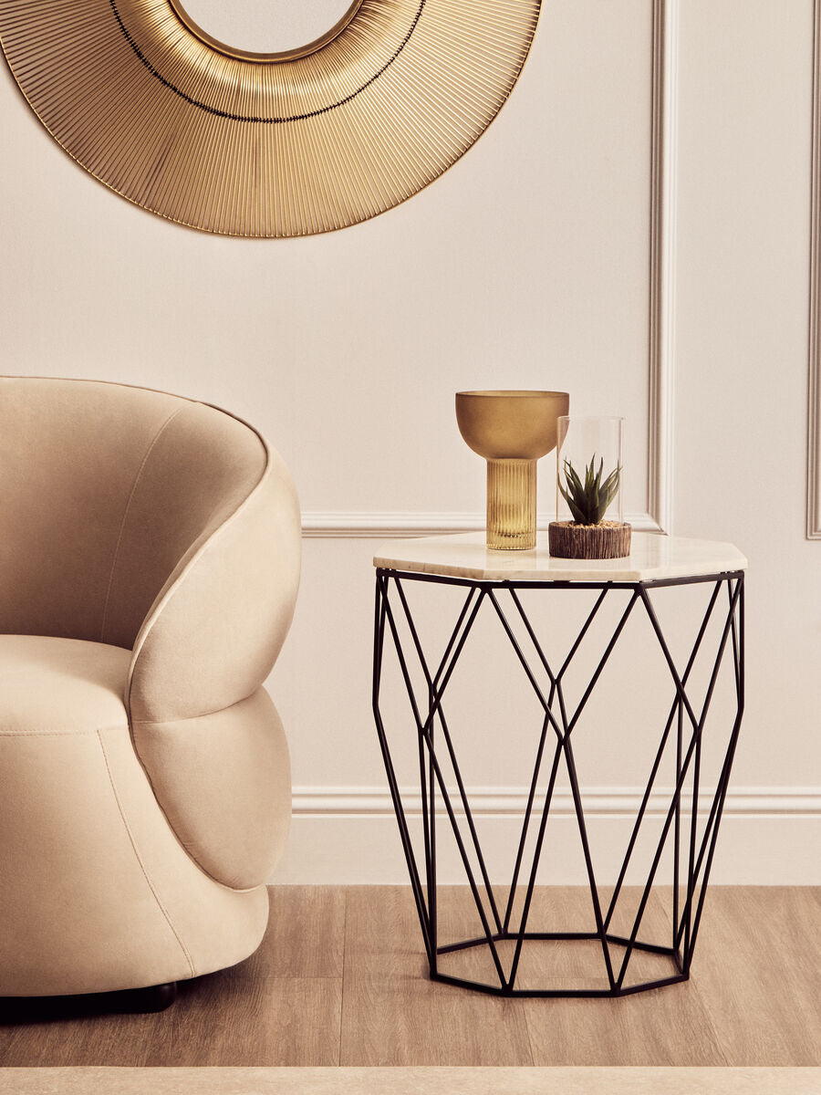 White Marble Octagonal Side Table with Black Finish Base