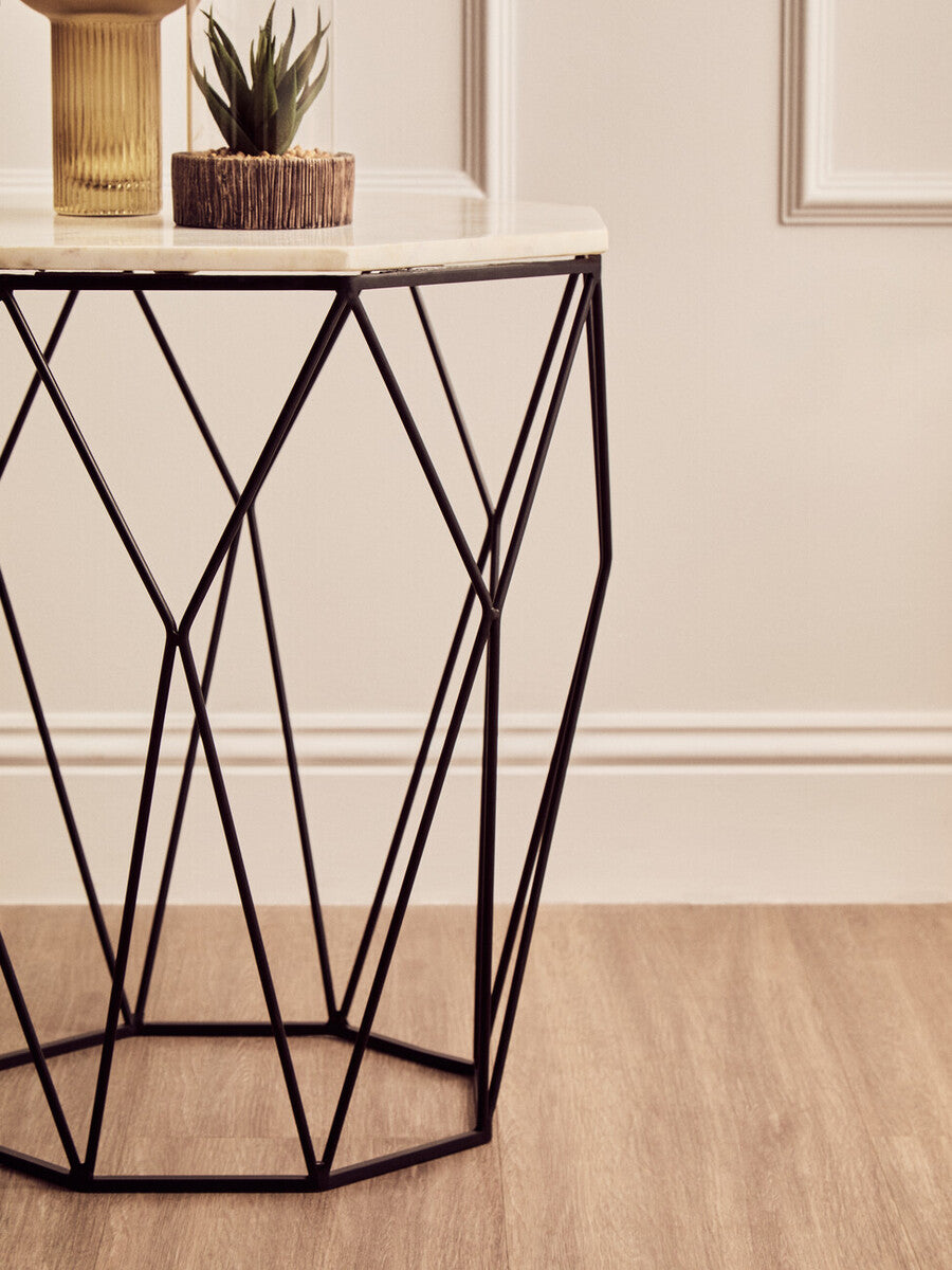 White Marble Octagonal Side Table with Black Finish Base