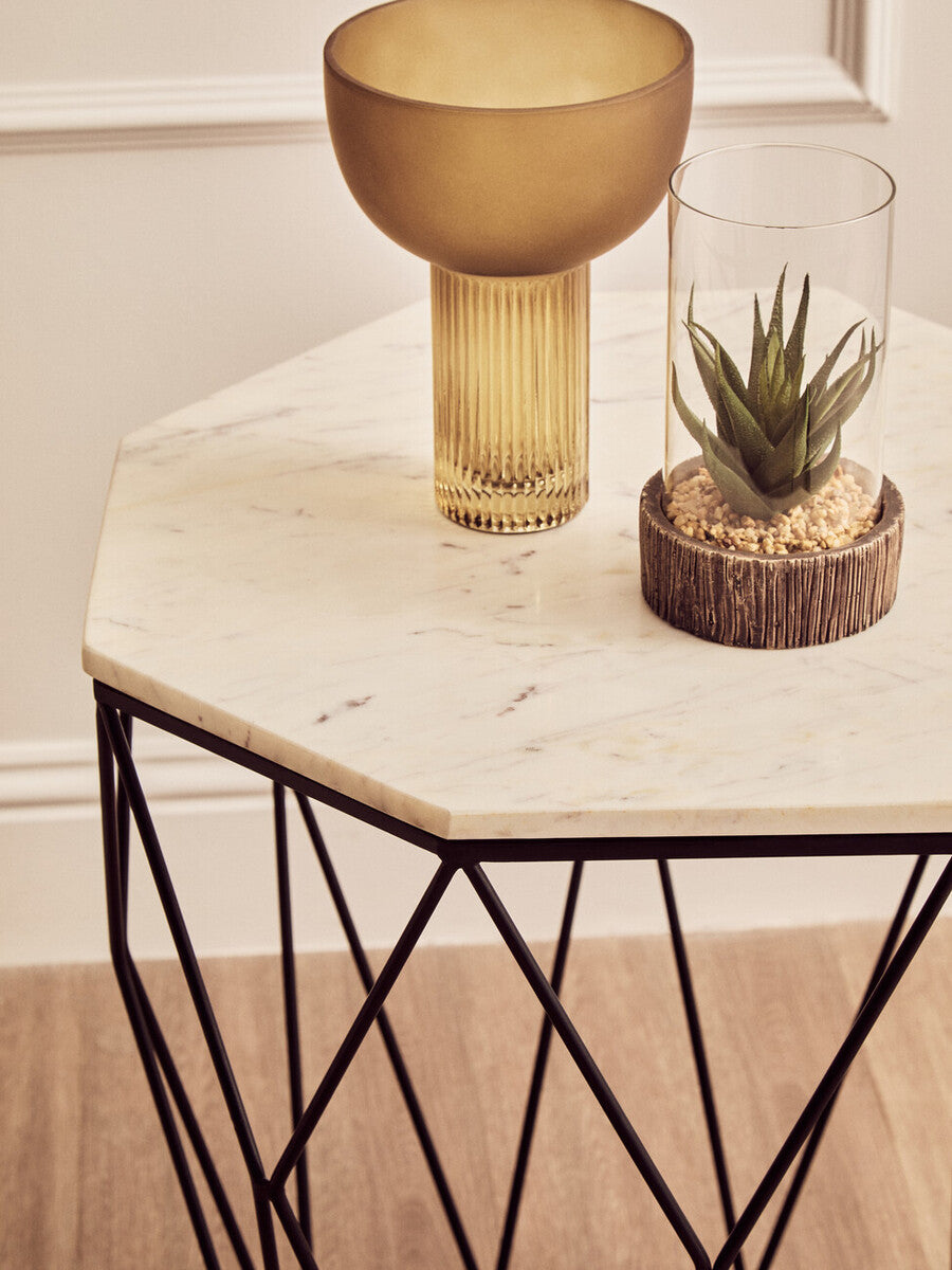 White Marble Octagonal Side Table with Black Finish Base