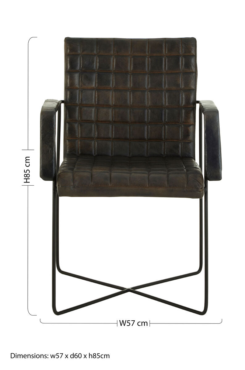 Grey Quilted Leather Chair with Black Iron Frame