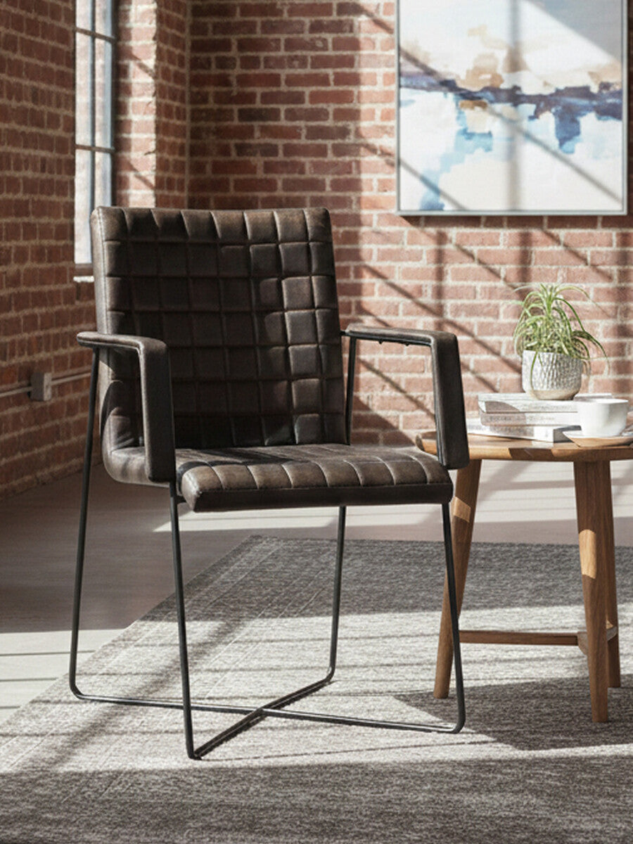 Grey Quilted Leather Chair with Black Iron Frame