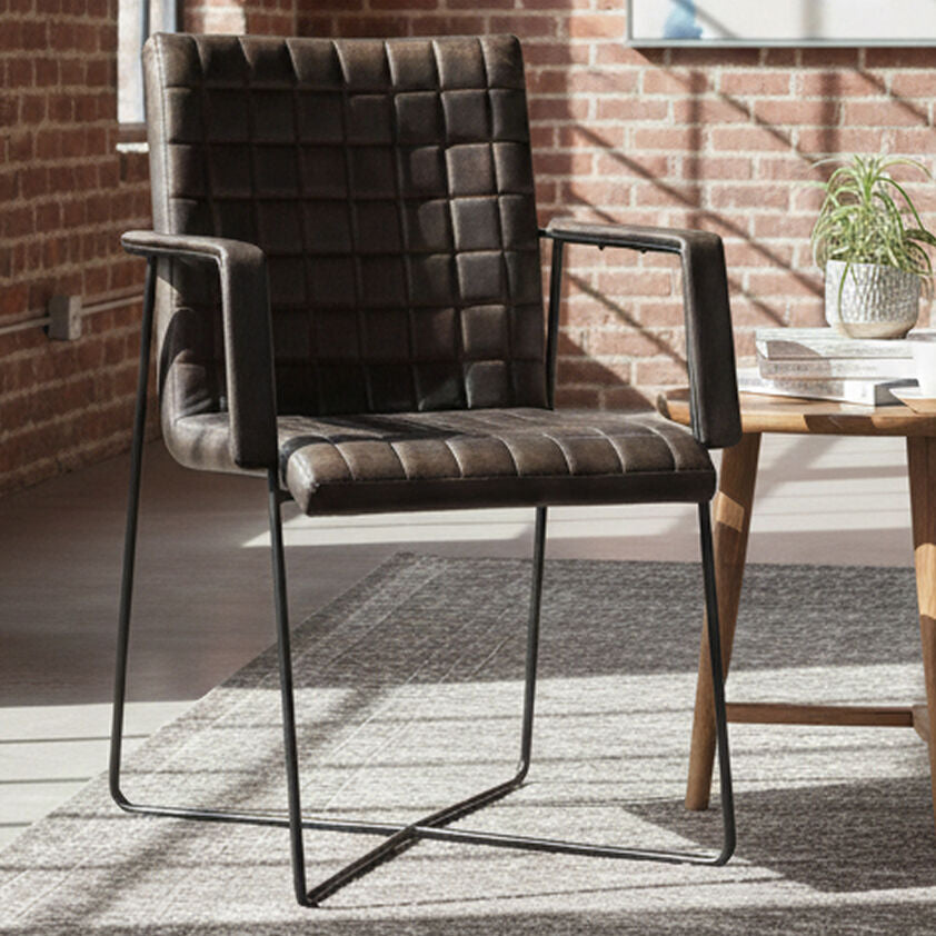 Grey Quilted Leather Chair with Black Iron Frame