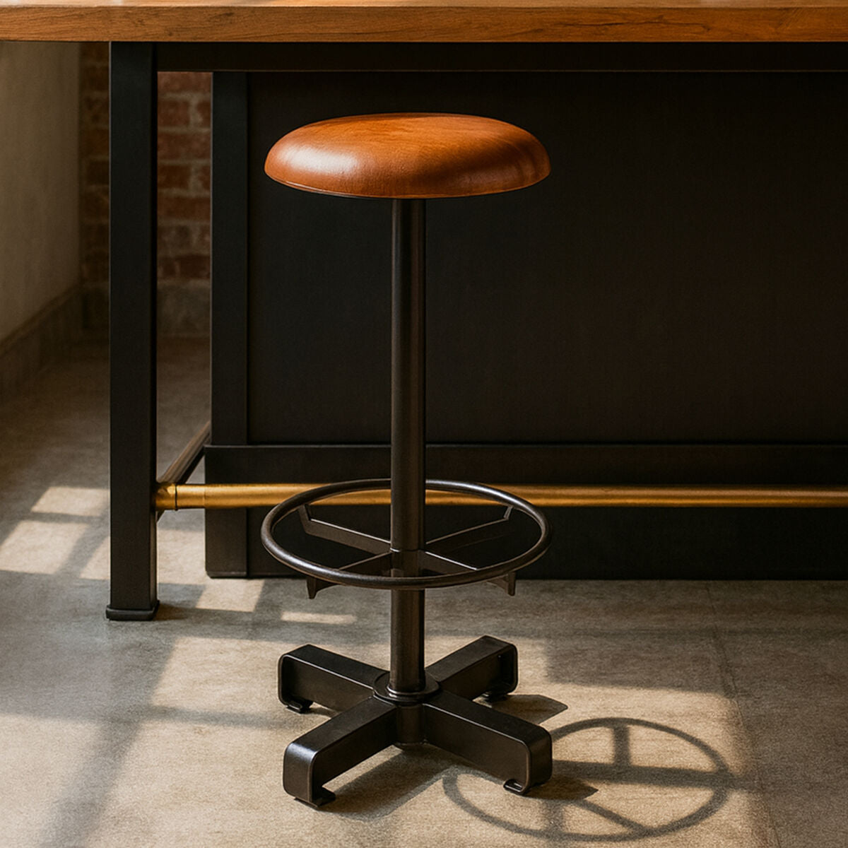 Light Brown Leather Bar Stool with Black Finish Base