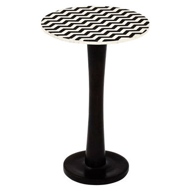 Black Acacia Wood Pedestal Side Table with Mosaic Design