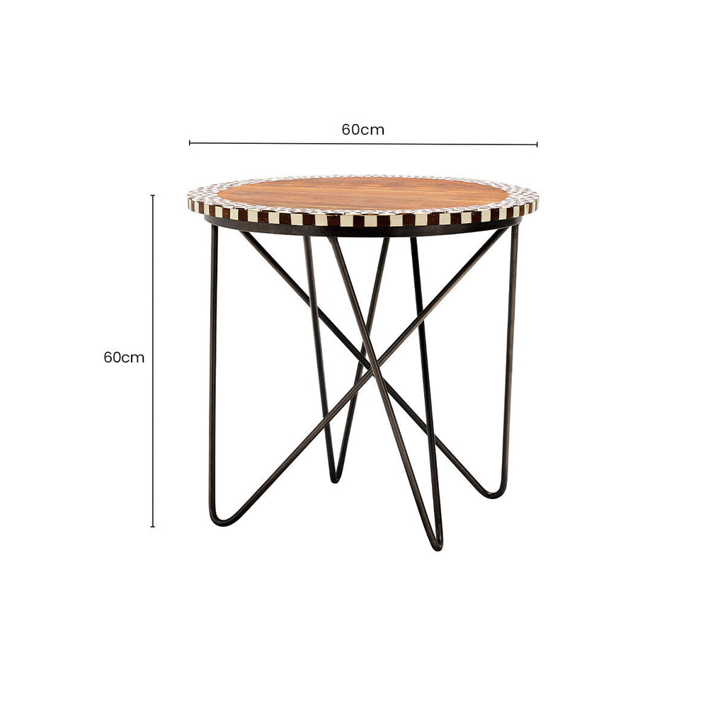 Natural Acacia Wood Round Side Table with Mosaic Edge