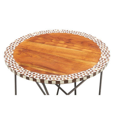 Natural Acacia Wood Round Side Table with Mosaic Edge