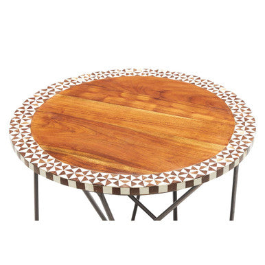Natural Acacia Wood Round Side Table with Mosaic Edge