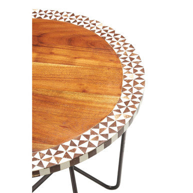 Natural Acacia Wood Round Side Table with Mosaic Edge