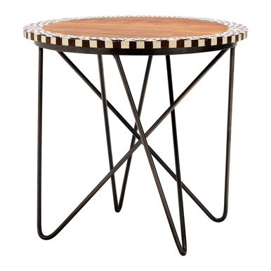 Natural Acacia Wood Round Side Table with Mosaic Edge