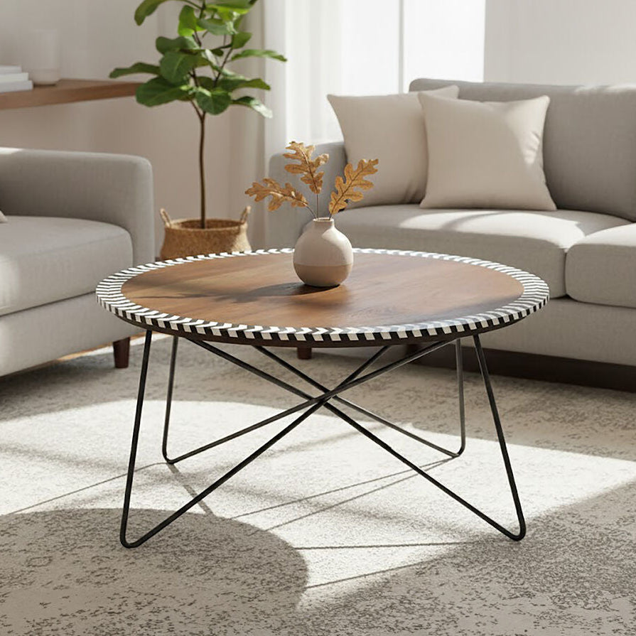 Natural Acacia Wood Round Coffee Table with Mosaic Edge