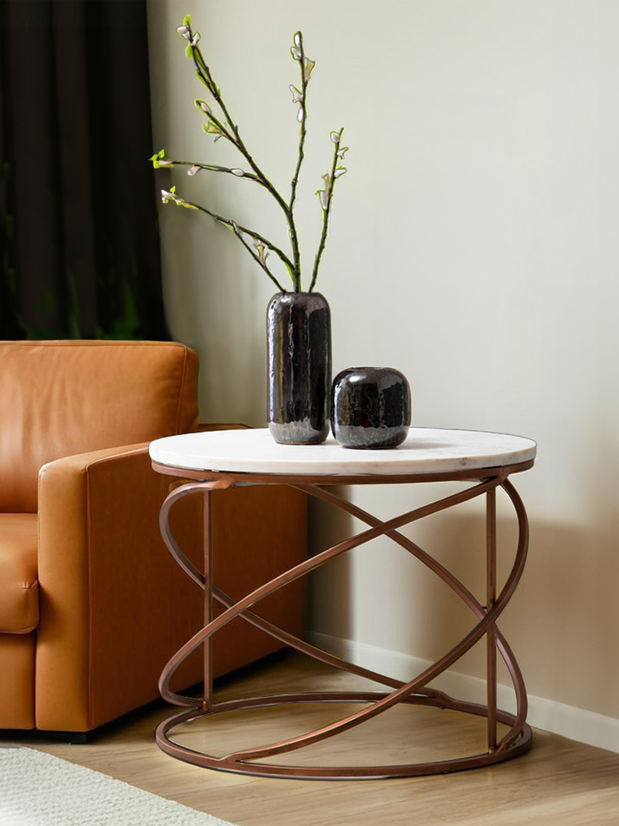 White Marble Round Coffee Table with Brass Finish Base