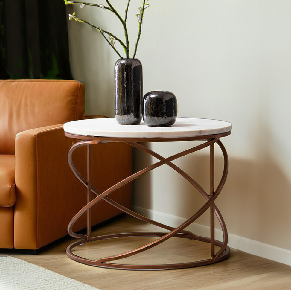 White Marble Round Coffee Table with Brass Finish Base