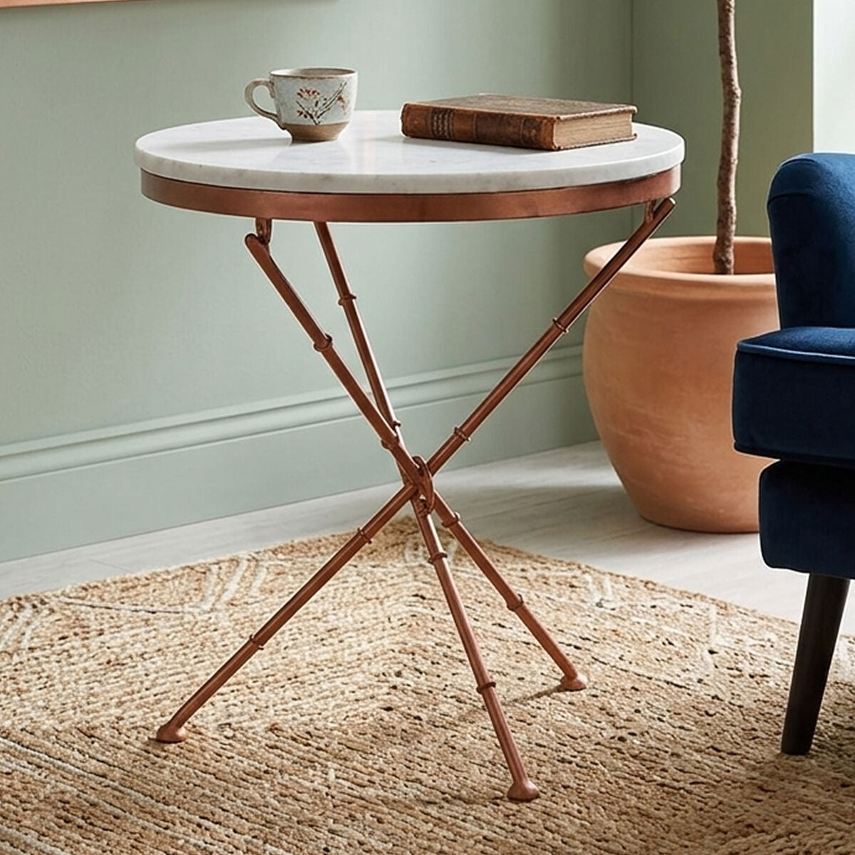 White Marble and Brass Finish Round Side Table