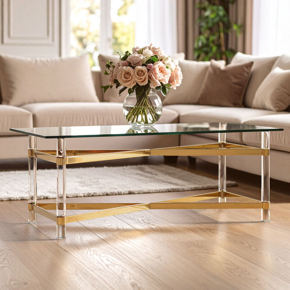 Clear Glass and Gold Finish Coffee Table with Acrylic Legs