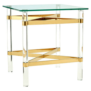 Clear Glass and Gold Finish Side Table with Acrylic Legs